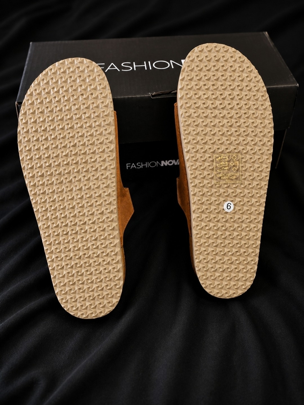 Fashion Nova Triple-Buckle Suede Slides in Camel Brown - Picture 3 of 3